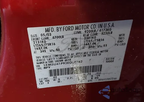 2003 Ford Excursion Xlt из США, поврежденный, VIN 1FMSU41P93ED68762